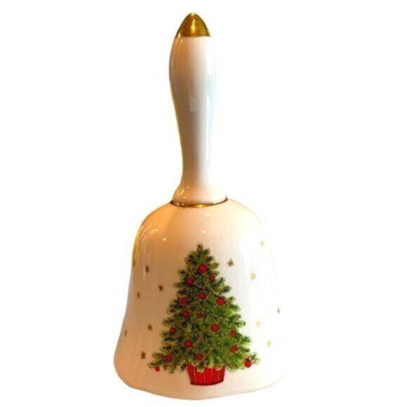 Vintage Lorrie Christmas Tree Porcelain Bell trimmed Gold gold snowflake accents - Picture 1 of 6